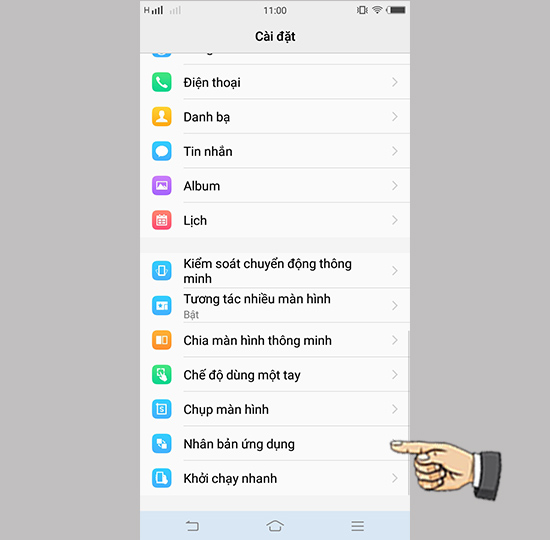 Bước 1: Vào cài đặt chọn nhân bản ứng dụng.