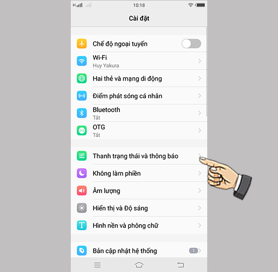 Bước 1: Vào cài đặt chọn thanh trạng thái và thông báo.