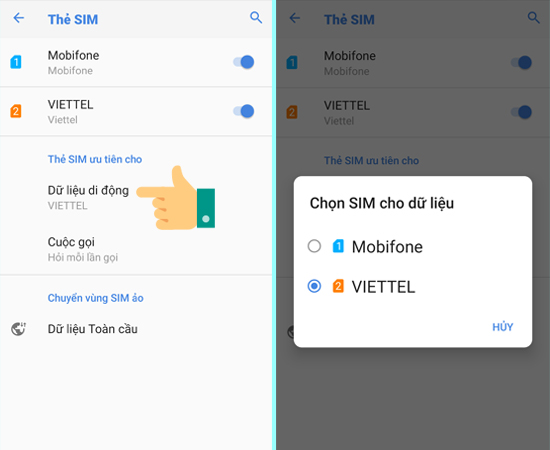 Bước 4: Bạn sẽ thấy Dữ liệu di động, hãy nhấp chọn vào và chọn SIM cho dữ liệu.