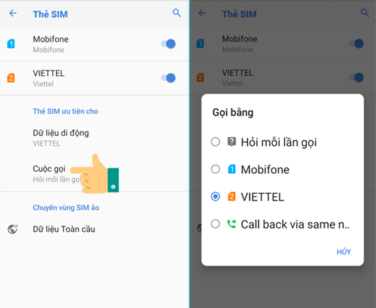 Bước 5: Cuối cùng, bạn chọn Cuộc gọi và thiết lập SIM cho mục này.