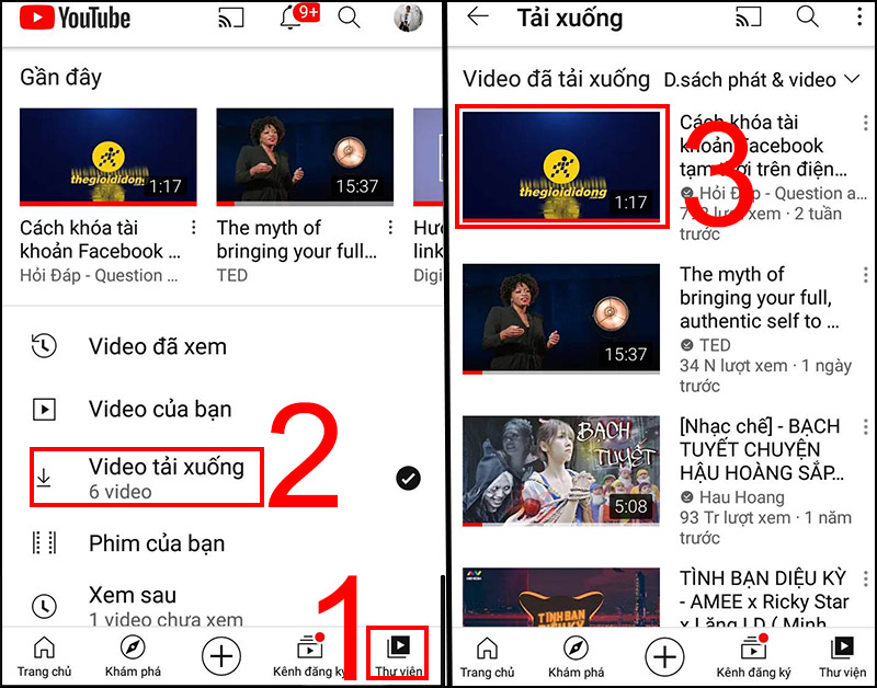 Vào Thư viện để xem dánh sách video đã tải xuống