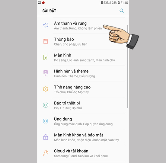 Bước 1: Đầu tiên bạn vào cài đặt Âm thanh và rung.