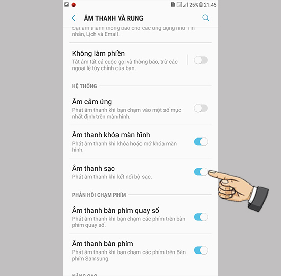 Bước 2: Tại đây bạn sẽ bật hoặc tắt âm thanh sạc tùy theo nhu cầu.