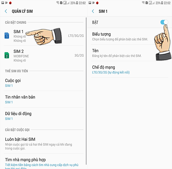 Bước 3: Chọn sim muốn tắt.