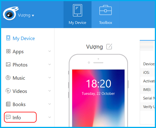 Bước 5: Bạn tải iTools tại đây > mở phần mềm và kết nối với iPhone thông qua cáp > Info.