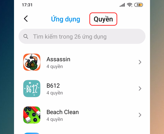 Bước 5: Tại đây bạn chọn Quyền.