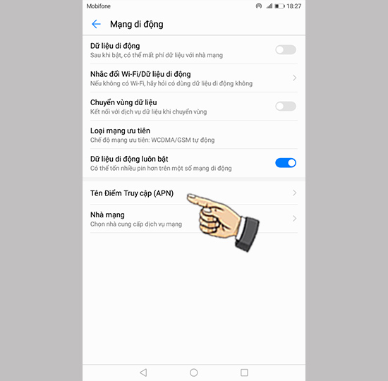 Chọn Tên điểm truy cập(APN)