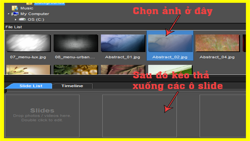 Bước 3: Click trái để chọn và giữ vào hình bạn muốn làm video sau đó kéo và thả xuống mục Slides (Drop photo / videos here. Double click to edit.).