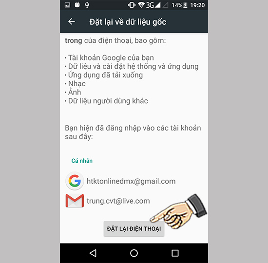 Bước 3: Chọn đặt lại điện thoại.