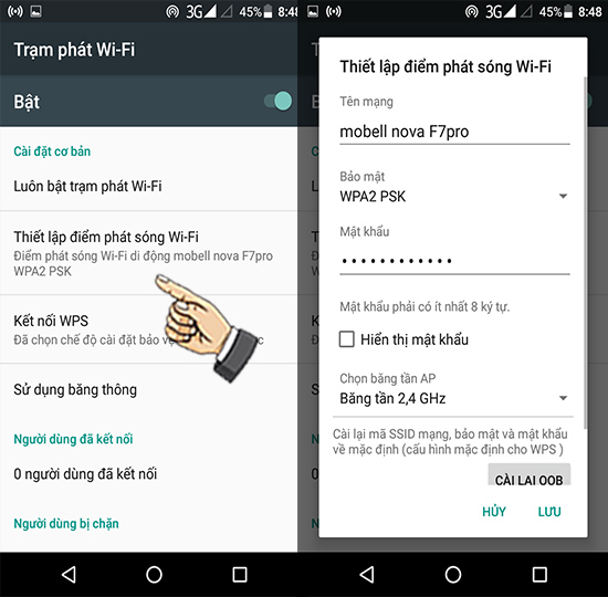 Bước 5: Chọn thiết lập điểm phát sóng Wifi để thay đổi tên và mật khẩu.
