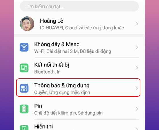 Chọn thông báo & ứng dụng