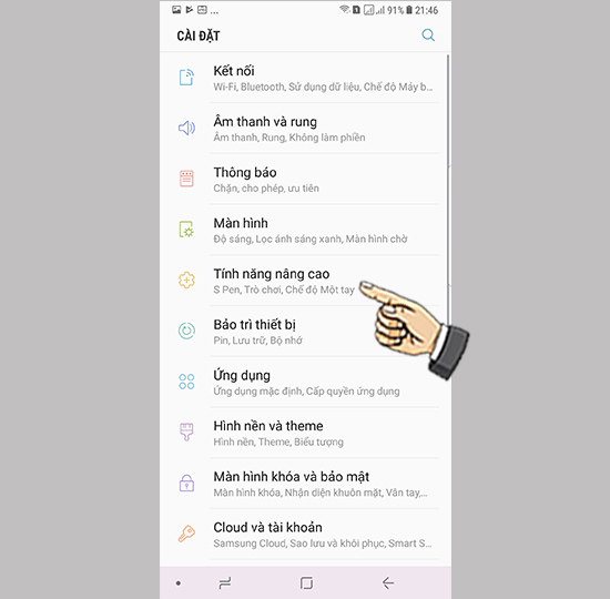 Bước 1: Vào cài đặt chọn tính năng nâng cao.