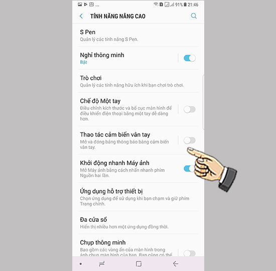 Bước 2: Chọn thao tác cảm biến vân tay.