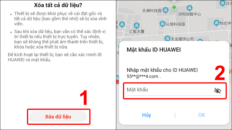 Nhấn Xóa dữ liệu và nhập mật khẩu ID HUAWEI