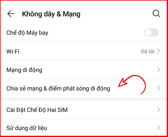 chọn Chia sẻ mạng & điểm phát sóng di động