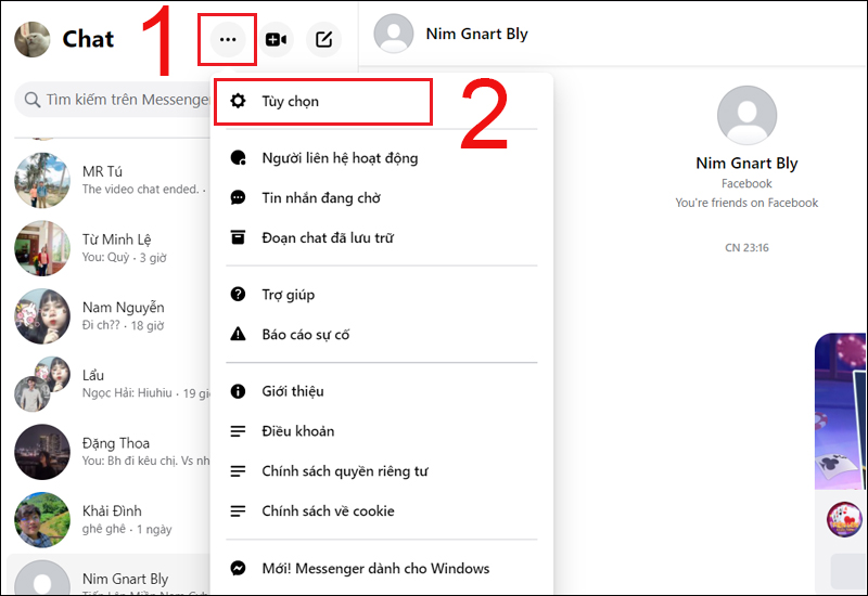 Click vào mục Tùy chọn trong Messenger trên máy tính