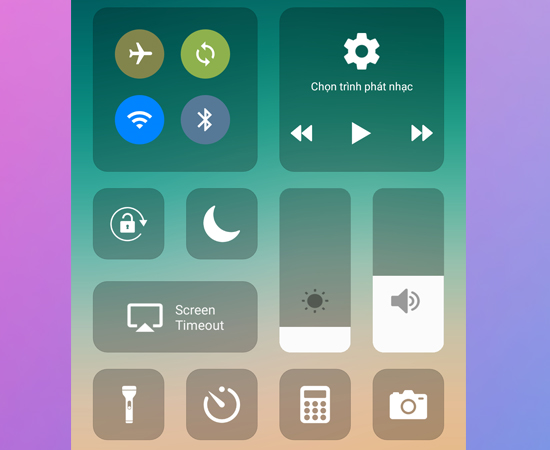 Bước 5: Bảng Trung tâm điều khiển sẽ hiện ra và được bố trí như hình. Bạn có thể thao tác bật các chức năng như bật tắt Wi-Fi, tăng giảm độ sáng màn hình, tăng giảm âm thanh, chụp hình, bật đèn pin..