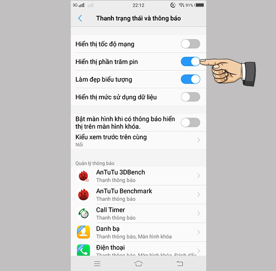 Hiển thị phần trăm pin
