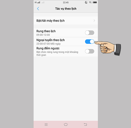 Bật rung, ngoại tuyến theo lịch.