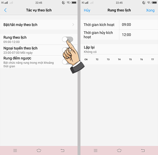 Bật rung, ngoại tuyến theo lịch.
