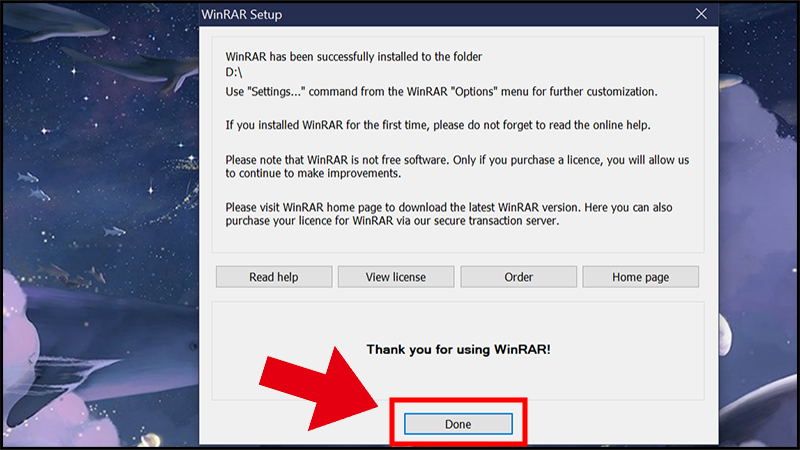 Nhấn Done để hoàn tất việc cài đặt WinRAR