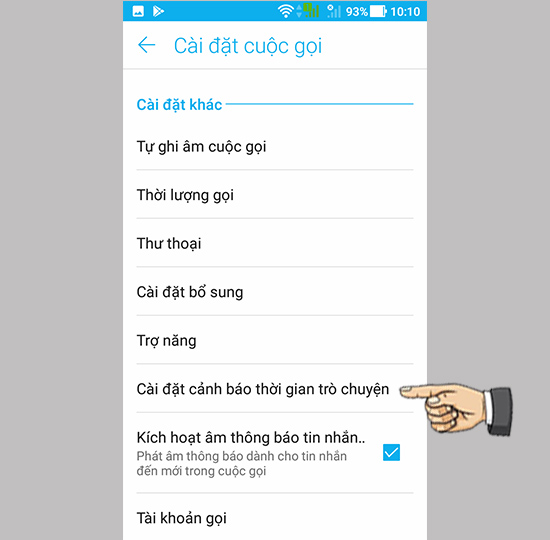 Bước 2: Chọn cài đặt cảnh báo thời gian trò chuyện.
