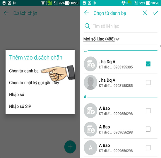 Bước 5: Chọn chặn từ danh ba, thủ công, nhật kí.