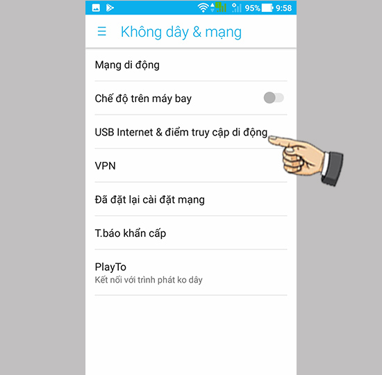 Bước 2: Bạn chọn USB Internet & điểm truy cập di động.