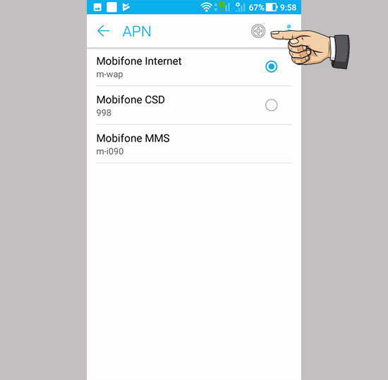 Chọn + để thêm APN mới