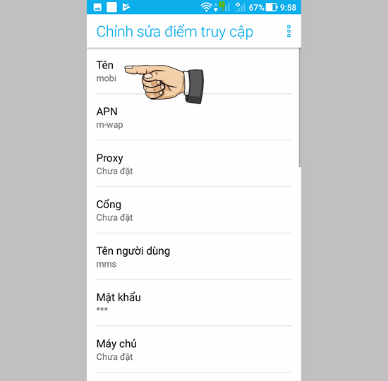 nhập thông số APN nhà mạng đang dùng.