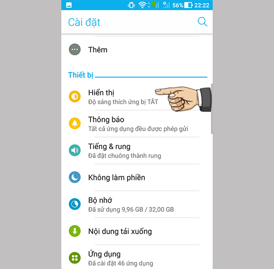 Bước 1: Vào cài đặt chọn hiển thị.