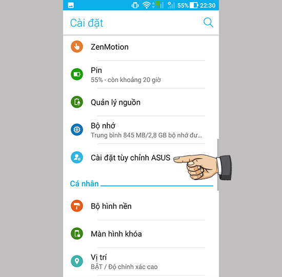 Bước 1: Vào cài đặt chọn cài đặt tùy chỉnh Asus.