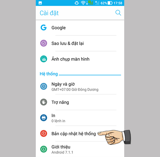 Bước 1: Bạn vào cài đặt bản cập nhật hệ thống.