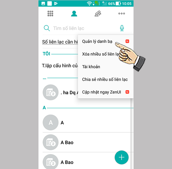 Bước 3: Chọn quản lí danh bạ.