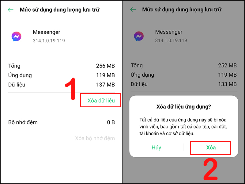 Xóa dữ liệu ứng dụng Messenger