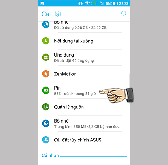 Bước 1: Vào cài đặt chọn Pin.