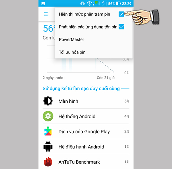Bước 3: Hiện phần trăm pin.