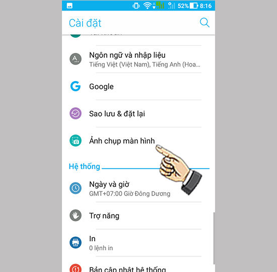Bước 1: Vào cài đặt chọn ảnh chụp màn hình.