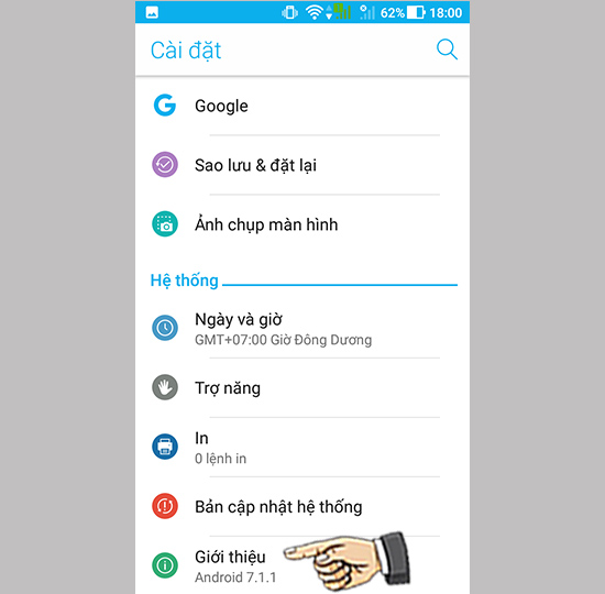 Bước 1: Vào cài đặt chọn giới thiệu.