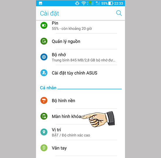Bước 1: Vào cài đặt chọn màn hình khóa.