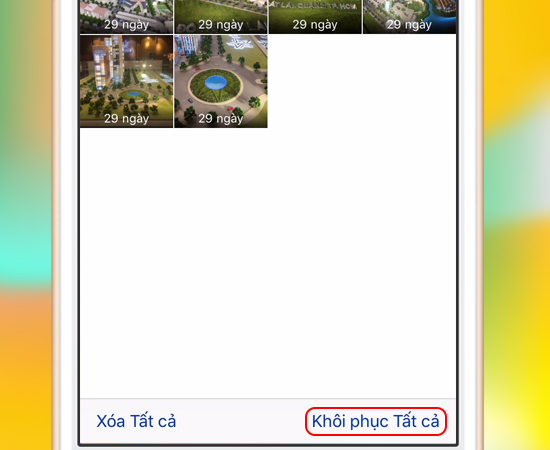 Bước 5: Cuối cùng bạn có thể chọn những bức ảnh bạn muốn khôi phục, hoặc chọn Khôi phục tất cả để khôi phục tất cả ảnh bị xóa.