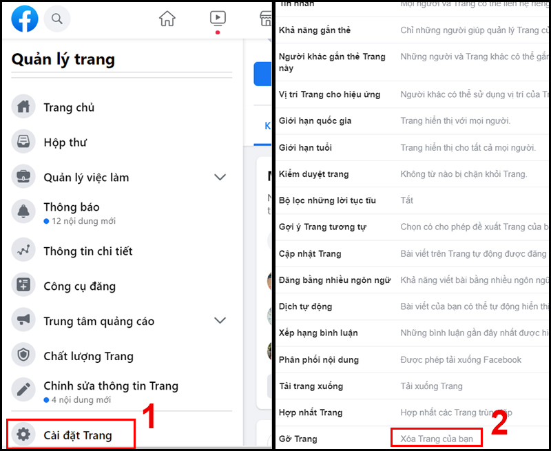 Xóa trang trong Cài đặt trang
