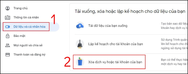 Chọn vào Dữ liệu và cá nhân hóa ở cột trái