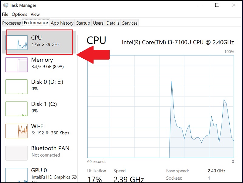 CPU để xem tên CPU và xung nhịp tối đa ở phần Base Speed.