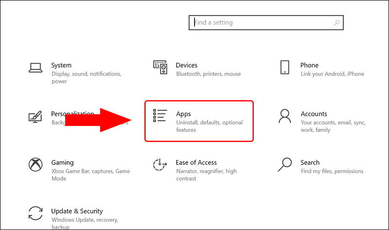 Chọn Apps trong Settings