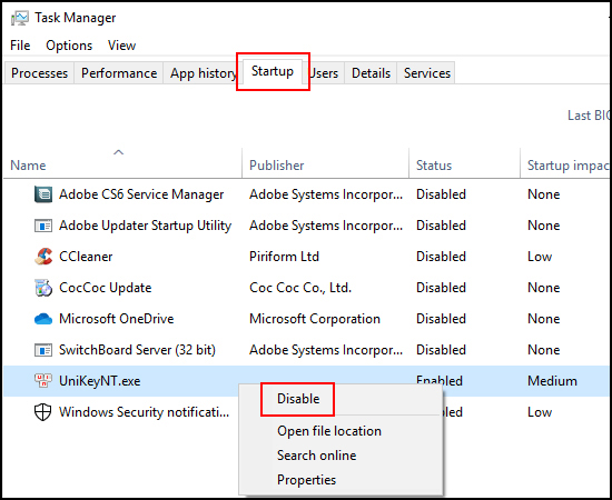 Bước 2: Chọn mục Startup. Đây là những ứng dụng luôn khởi động cùng Windows, hãy chuột phải vào ứng dụng và Disable để tắt chúng đi.