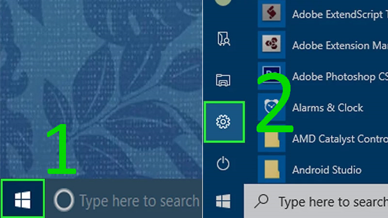 Nhấn vào biểu tượng Windows ở bên dưới góc trái màn hình > Nhấp vào Settings
