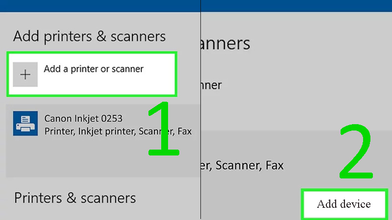 Nhấn vào Add a printer or scanner hay Add Bluetooth or other device > Nhấp vào tên của máy in trong cửa sổ Add.