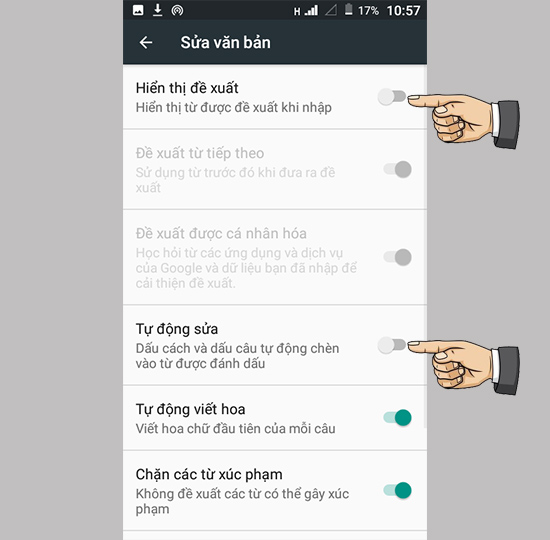 Bước 5: Tắt các chế độ tiên đoán, sửa từ.