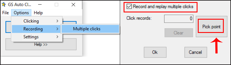 Options > Recording > Multiple clicks. Tích vào ô Record and replay multiple clicks > Chọn Pick point